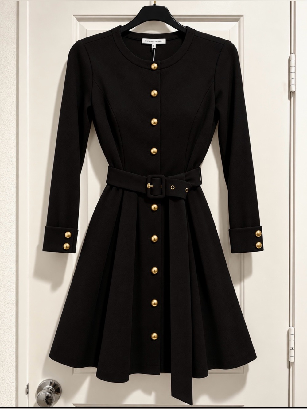 Silvian Heach Black Belted Fit-and-Flare Dress with Gold Buttons
